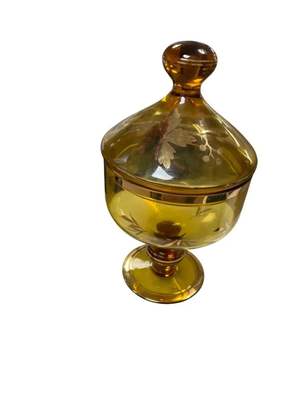 Romanian Vintage amber glass gold leaf pedestal candy dish SKU 140-814